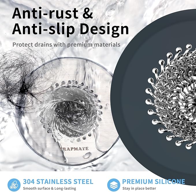 TRAPMATE Bathtub Stopper Drain Strainer Kit, 2.8" Easy Clean Tub Shower Drain Hair Catcher, Anti-Clog Stainless Steel Sink Cover, Bathtub Drain Protector Fit Wash Basin & Tub (Patented Product)