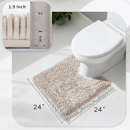 Yimobra Toilet Rugs U Shaped Washable, Extra Thick Soft Absorbent Chenille Contour Bathroom Rugs for Toilet 24x24 Inch, Quick Dry Non Slip Toilet Mat for Bath Floor, Khaki