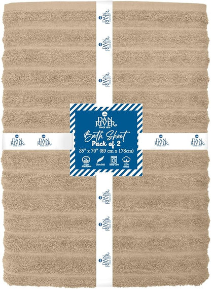 DAN RIVER Pack of 2 Bath Sheet 35x70 Inches, Ribbed Big Towels Oversized Extra Large Bath Towel, Absorbent Organic Cotton Towel - Tan