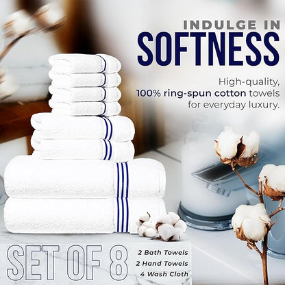 8-Piece Premium Towel Set, 2 Bath Towels, 2 Hand Towels, and 4 Wash Cloths, 100% Ring Spun Cotton Highly Absorbent Towels for Bathroom, Gym, Hotel, and Spa