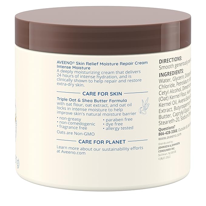 Aveeno Skin Relief Intense Moisture Repair Body Cream with Triple Oat & Shea Butter Formula, Helps Heal, Repair & Restore Very Dry Skin with Long-Lasting Moisture, Fragrance-Free, 11 oz