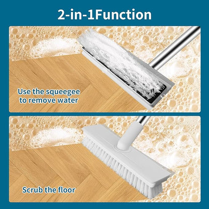 Floor Scrub Brush with Long Handle, 2 in 1 Scrape Brush Stiff Bristle Floor Scrubber for Cleaning Shower Bathroom Garage Kitchen Wall Deck Tub Tile (White, 1 Pack)