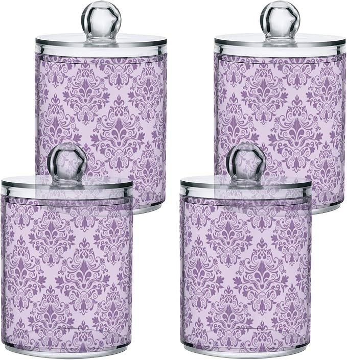 MNSRUU 4 Pack Qtip Holder Organizer Dispenser Purple Morden Floral Bathroom Containers Bathroom Vanity Storage Canister Apothecary Jars for Cotton Swabs/Pads/Floss