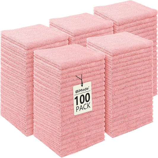 Washcloths Bulk - 100 Pack - Face Towels (12" x 12"), Highly Soft Wash Cloths and Hand Towels, Fast Drying Multi-Purpose Microfiber Cleansing Cloths for Bathroom, Hotel, Spa, and Salon - Pink