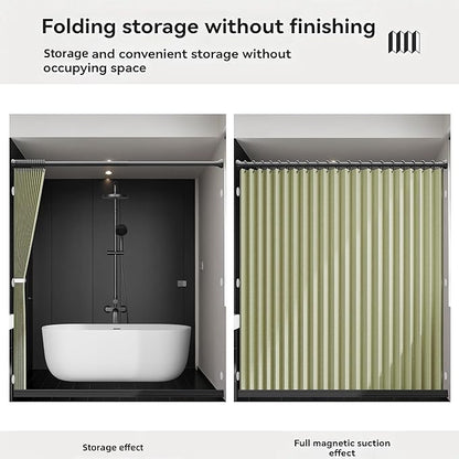 Bathroom Magnetic Folding Shower Curtain, Accordion-Style Shower Curtain, Suitable for Shower Rooms, bathtubs, Hotels or Apartments (Green, W:70*H79.5Inch)