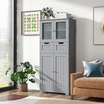 COSTWAY Bathroom Storage Cabinet, Freestanding Bathroom Organizer with Glass Doors, 2 Drawers and 2 Adjustable Shelves, Tall Linen Floor Cabinet for Bathroom, Living Room, Kitchen (Gray)