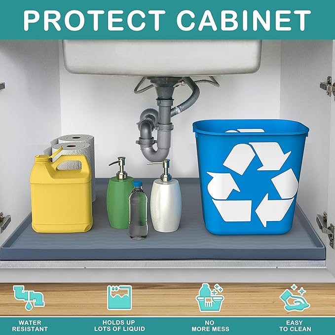 URMONA Waterproof Silicone Under Sink Mat 34'' x 19'' Shelf Liner for Kitchen and Bathroom, Cabinet and Counter Protector, Storage and Organizers, Litter Mat, Pet Cat Puppy Essentials(Beige)