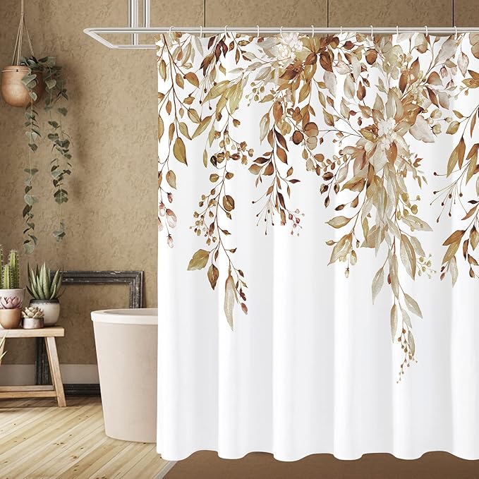Gibelle Long Shower Curtain 72 x 78, Brown Floral Shower Curtain for Bathroom, Watercolor Plant Eucalyptus Leaves Fabric Shower Curtain Set