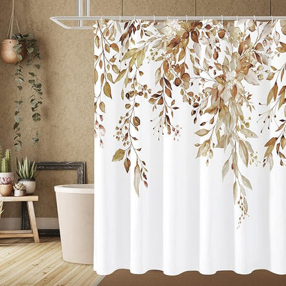 Gibelle Extra Long Shower Curtain 72 x 84, Brown Floral Shower Curtain for Bathroom, Watercolor Plant Eucalyptus Leaves Fabric Shower Curtain Set