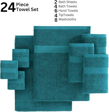 LANE LINEN 100% Cotton Bathroom Towels Set - 24 Piece - Durable, Quick Dry, Soft & Highly Absorbent - 4 Bath, 4 Fingertip, 6 Hand Towel, 8 Washcloths, 2 Bath Sheets - Sustainbly Produced - Sea Port