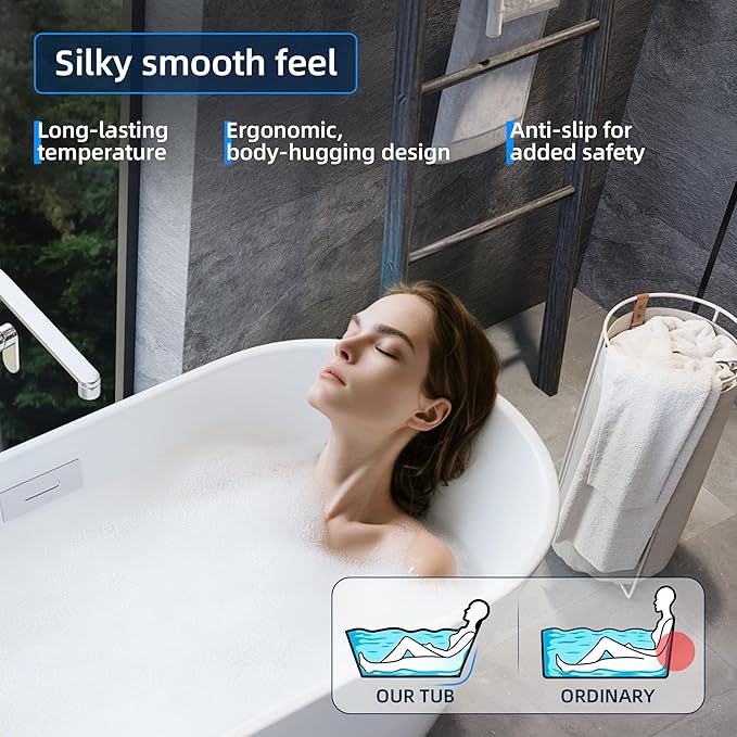 59'' Deep Soaking Acrylic Freestanding Bathtub, Modern White Tub for Bathrooms with Non-Slip Base, Chrome Drain, cUPC Certified Free Standing Bath Tub