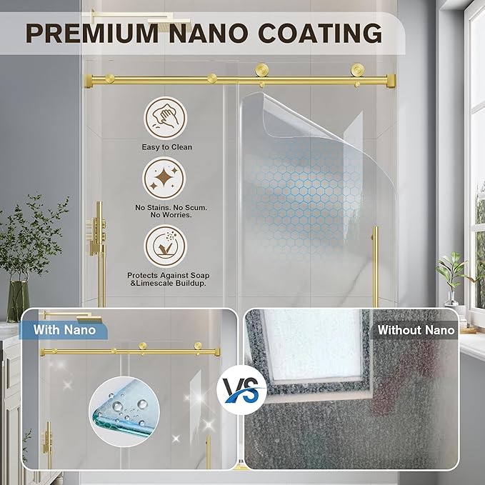 Frameless Glass Shower Door, 43-48" W x 76" H Sliding Frameless Shower Door, 1/4''(6mm) SGCC Tempered Glass, Explosion-Proof Film Nano Coating, Stainless Steel Hardware, Brushed Gold