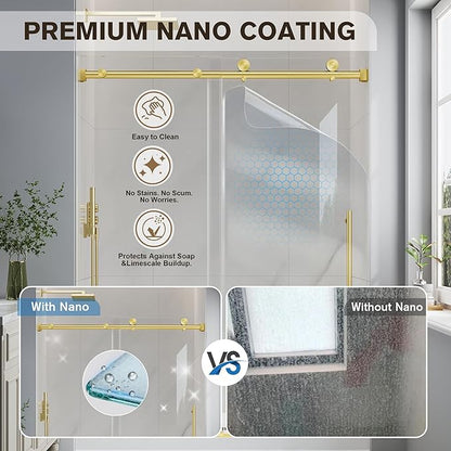 Frameless Glass Shower Door, 43-48" W x 76" H Sliding Frameless Shower Door, 1/4''(6mm) SGCC Tempered Glass, Explosion-Proof Film Nano Coating, Stainless Steel Hardware, Brushed Gold