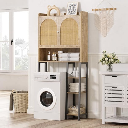 Rattan Over The Toilet Storage Cabinet with Adjustable Shelf and Large Space, Bathroom Organizers and Storage Over Toilet with Rattan Door, Metal Stand, Tall Storage Shelves Above Toilet, Natural