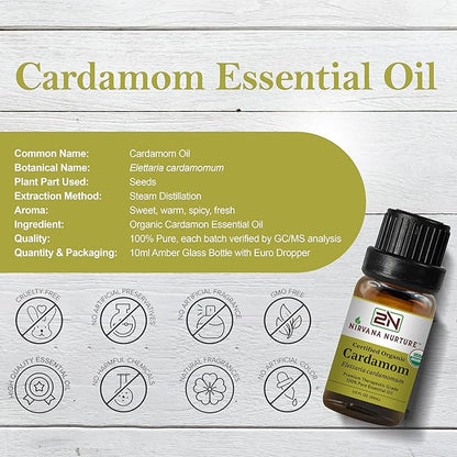 Cardamom Essential Oil USDA Certified Organic, 100% Pure Natural Premium Grade, Undiluted