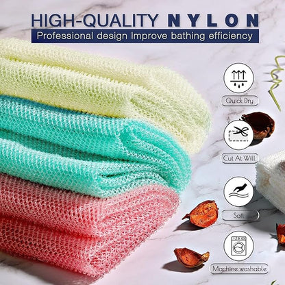 UJFQBH 3 Pieces African Net Sponge, African exfoliating net African Net Long Net Bath Sponge Exfoliating Shower Body Scrubber Back Scrubber Skin Smoother（Pink, Green, Off-White）