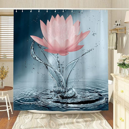 Lotus Shower Curtain Blue Red Flower Elegant Blooming Floral with Dew Spring Flower Reflection on Water Modern Romantic Polyester Fabric Bathroom Decor 108×70 Inch with Hook