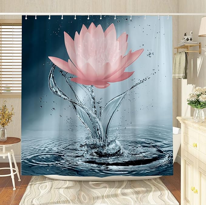 Lotus Shower Curtain Blue Red Flower Elegant Blooming Floral with Dew Spring Flower Reflection on Water Modern Romantic Polyester Fabric Bathroom Decor 70×70 Inch with Hook