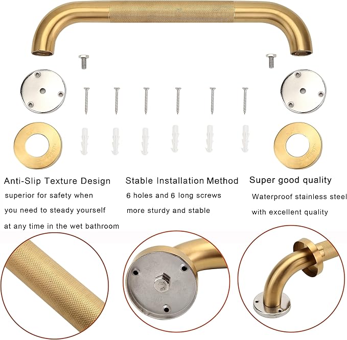 Shower Grab Bar, 2 Pack 16 Inch Gold Bathroom Grab Bar, 1.25" Diameter 304 Stainless Steel Anti-Slip Grab Bars for Bathtubs and Showers, Handicap Shower Grab Bar for Seniors Elderly