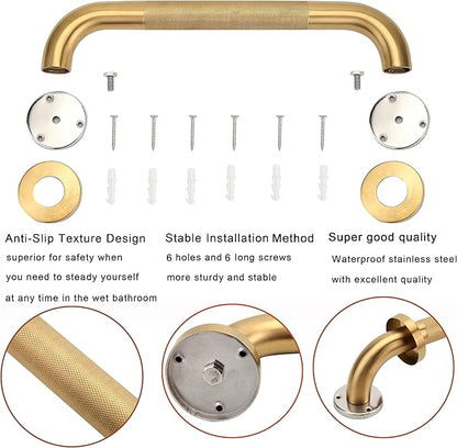 Shower Grab Bar, 2 Pack 16 Inch Gold Bathroom Grab Bar, 1.25" Diameter 304 Stainless Steel Anti-Slip Grab Bars for Bathtubs and Showers, Handicap Shower Grab Bar for Seniors Elderly