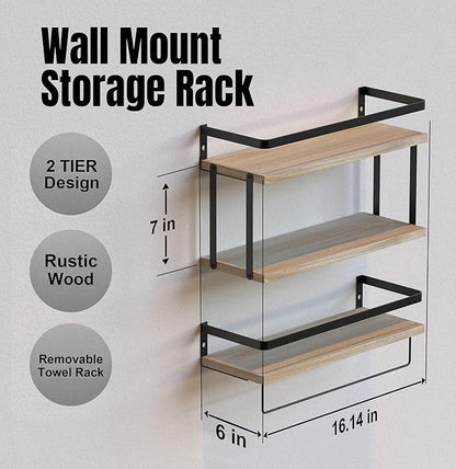RICHER HOUSE 2+1 Tier Wall Mounted Floating Shelves Set of 2, Rustic Wood Wall Shelf with Metal Frame, Extra Storage Rack for Bathroom, Kitchen, Bedroom with Tissue Rack & Towel Bar - Rustic Wood