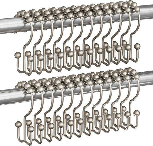 Titanker Shower Curtain Hooks Rings, Rust Resistant Metal Double Glide Shower Hooks Rings for Bathroom Shower Rods Curtains, Set of 24 Hooks - Matte Nickel