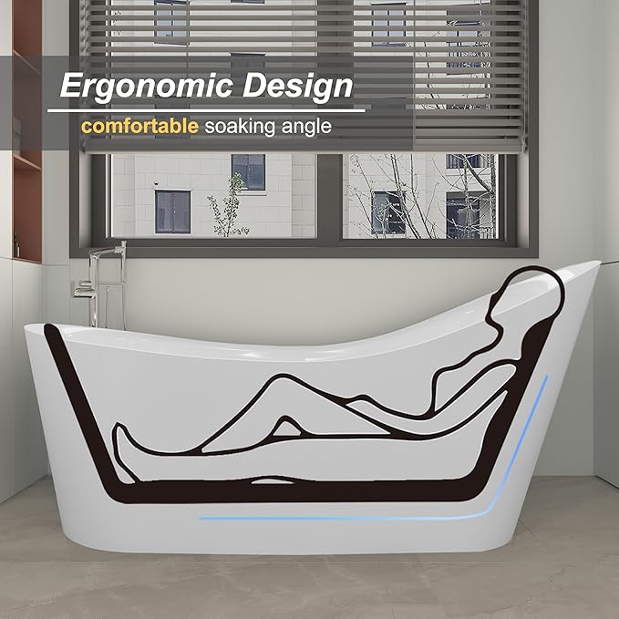 55" Freestanding Slipper Soaking Bathtub, WHALEKING Luxury Curve Edge Stand Alone Free Standing Deep Acrylic Tub with Chrome Overflow and Drain, Glossy White