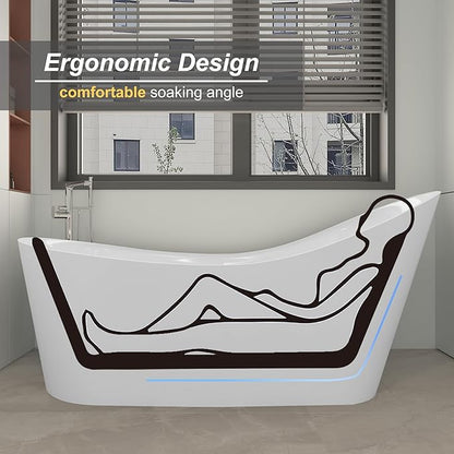 55" Freestanding Slipper Soaking Bathtub, WHALEKING Luxury Curve Edge Stand Alone Free Standing Deep Acrylic Tub with Chrome Overflow and Drain, Glossy White