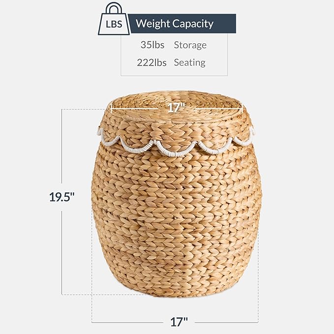 Best Choice Products Scalloped Multipurpose Hyacinth Storage Basket, Plant Décor, Handwoven Organizer Tote for Bedroom, Living Room, Nursey, w/Lid - Natural with White Trim
