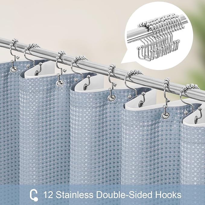 3 in 1 Extra Long Blue Shower Curtain Set-72 W x 84 H, Fog Blue Waffle and PEVA Liner Set with 12 Stainless Steel Hooks, Waterproof Fabric for Bathroom