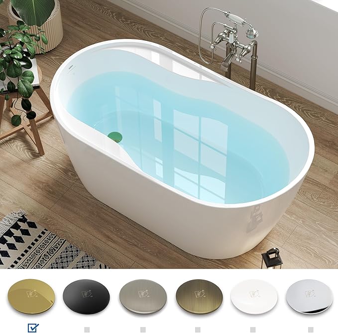 FerdY Lana'i 60" Freestanding Bathtub, Gracefully Shaped Freestanding Soaking tub, cUPC Certified, Polished Gold Drain Assembly Included