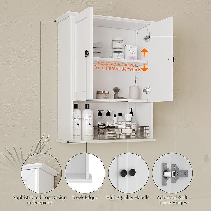 White Medicine Cabinet, 24x30 Inch Bathroom Cabinet Storage with 2 Doors and Adjustable Shelves,Over The Toilet Storage Cabinet, Above Toilet Storage Cabinet for Small Spaces