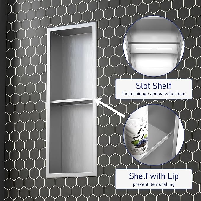 Stainless Steel Shower Niche 24"×8" Brushed with 2-Tier Shelf No Tiled Needed Niche Shower for Bathroom Wall Recessed Shower Box for Bathroom Storage