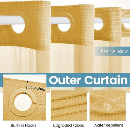Gold Hotel Shower Curtain - 230GSM Waffle Textured Heavy Duty Thick Fabric Shower Curtains for Bathroom,71W x 74H