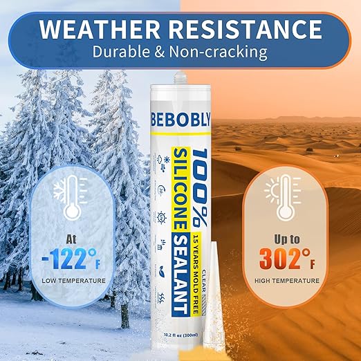 Silicone Caulk & Sealant Clear, 100% Waterproof Silicone Sealant, Shrink & Crack Proof, Silicone Sealant Caulking for Kitchen, Bathroom, RV, Interior & Exterior Use, 10.2 FL. OZ/300ML, 1 Pack