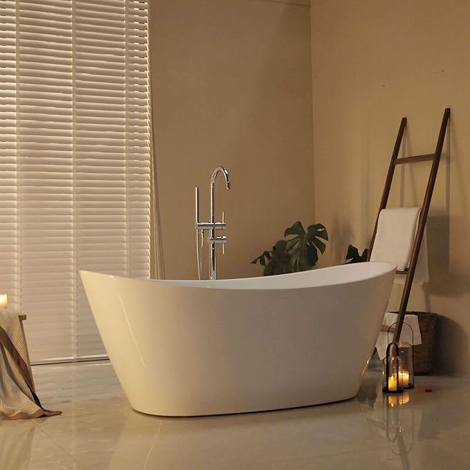 67" Luxury Freestanding Bathtub - Deep Soak Acrylic Tub for Master Bathroom, Modern Standalone Shower Tub with Overflow Drain, Non-Slip Flat Bottom Design, Spa Experience at Home,cUPC Certified
