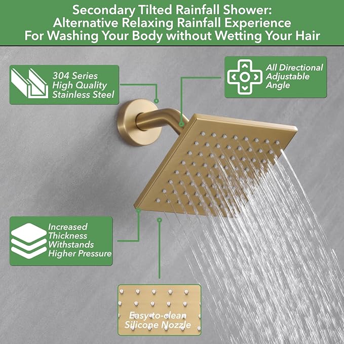 VANFOXLE Shower Faucet Set Brushed Gold Shower System,Shower Faucet with 2 in 1 Handheld,Ceiling Mount 16 Inch Shower Head+6 Inch Shower Head(Rough-in Valve Body and Trim)