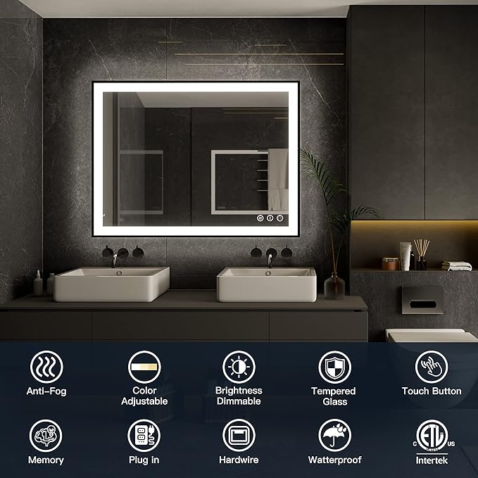 ISKM Framed LED Mirror for Bathroom 84"x32", Dimmable LED Bathroom Mirror with Lights, Anti-Fog, Front and Backlit Lighted Mirror 3-Colors, Shatterproof, Memory Function