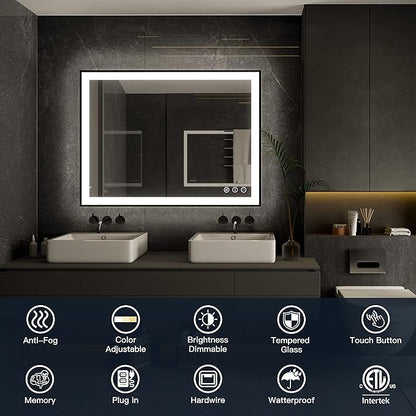 ISKM Framed LED Mirror for Bathroom 44"x32", Dimmable LED Bathroom Mirror with Lights, Anti-Fog, Front and Backlit Lighted Mirror 3-Colors, Shatterproof, Memory Function