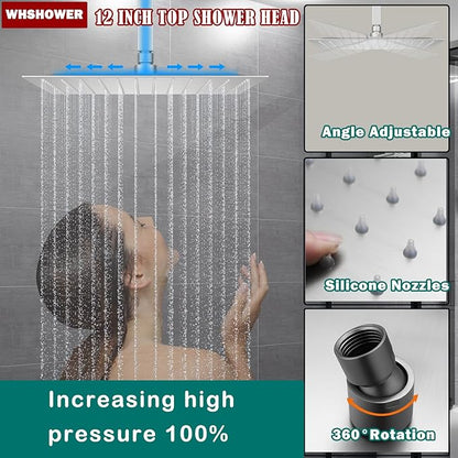 Brushed Nickel Shower System with 12+8+8" Three Top Shower Heads, Full Body Shower System with Temperature Display,Handheld Sprayer and Body Jets Shower Set