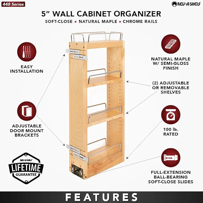 Rev-A-Shelf 5" Pullout Kitchen Cabinet Storage Organizer w/Soft-Close, Wood Construction with Extra Durability, 448-BBSCWC-5C