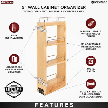 Rev-A-Shelf 5" Pullout Kitchen Cabinet Storage Organizer w/Soft-Close, Wood Construction with Extra Durability, 448-BBSCWC-5C