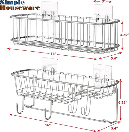 Simple Houseware Bathroom Adhesive Wall Mount Large Shower Caddy w/Hooks, Chrome, 2 Pack