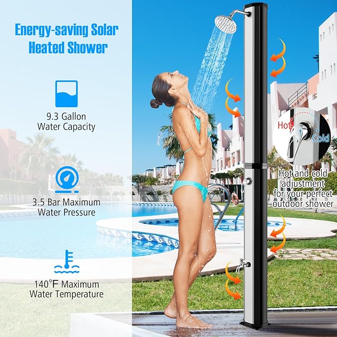 Goplus 9.3 Gallon Solar Heated Outdoor Shower, 7.2 FT Freestanding Garden Shower with 360° Swivel Shower Head, Foot Shower & Temperature Adjustment, for Poolside Backyard Beach (Silver)