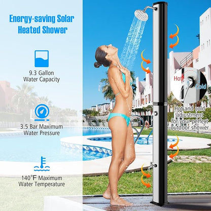 Goplus 9.3 Gallon Solar Heated Outdoor Shower, 7.2 FT Freestanding Garden Shower with 360° Swivel Shower Head, Foot Shower & Temperature Adjustment, for Poolside Backyard Beach (Silver)