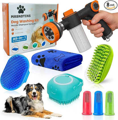 Dog Washing Hose Attachment–ALL IN ONE Dog Bath Supplies,Hose Soap Sprayer,Dog Washing Kit,Dog Drying Towel,Dog Tooth Brush, Dog Washing Brush, Dog Bath Scrubber and Dog Shampoo Brush