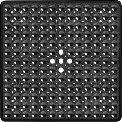 Black Square Shower Bathtub Mat Non Slip 21x21 Inch, Soft Bath Mat for Inside Shower Tub, Shower Stall Mats for Bathroom Floor, Big Suction Cups Drain Holes, Easy Washable and Dry, BPA-Free