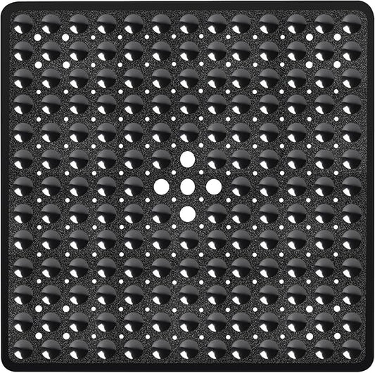 Black Square Shower Bathtub Mat Non Slip 21x21 Inch, Soft Bath Mat for Inside Shower Tub, Shower Stall Mats for Bathroom Floor, Big Suction Cups Drain Holes, Easy Washable and Dry, BPA-Free