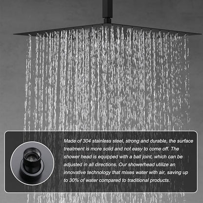 Matte Black Shower System Digital Tempreature Display Thermostatic Shower Faucet Set with 12 inch Ceiling Mount and 8 inch Wall Mount Shower Head, with 6 PCS Body Jet and Handheld Spray