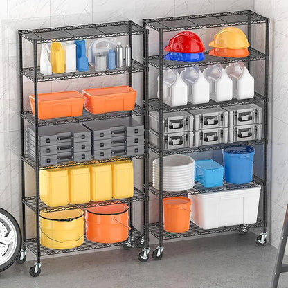 6 Tier Storage Shelves with Wheels Heavy Duty Wire Rolling Shelving Rack Organizer Garage Metal Steel Unit Adjustable Utility Commercial Sturdy Shelves for Kitchen Pantry Bathroom Closet Laundry